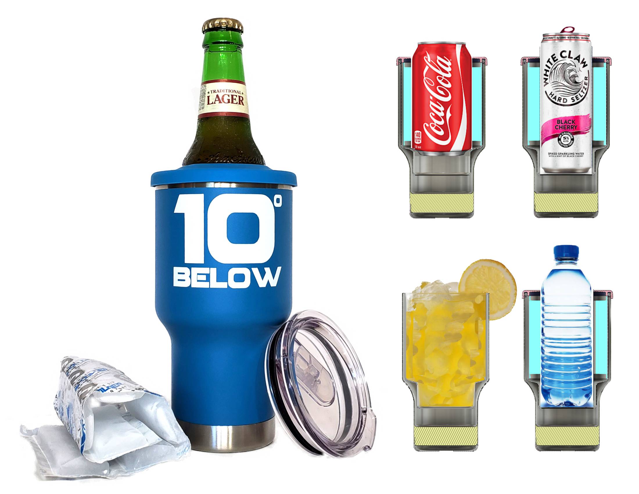 tumbler-ice-blue-with-other-beverage-type-profiles-2200x1700 10 Below Tumbler - Ice Blue with various cans and bottles